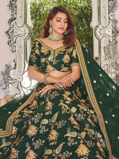 Odette Green And Gold Art Silk Embroidered Semi Stitched Lehenga With Blouse For Women