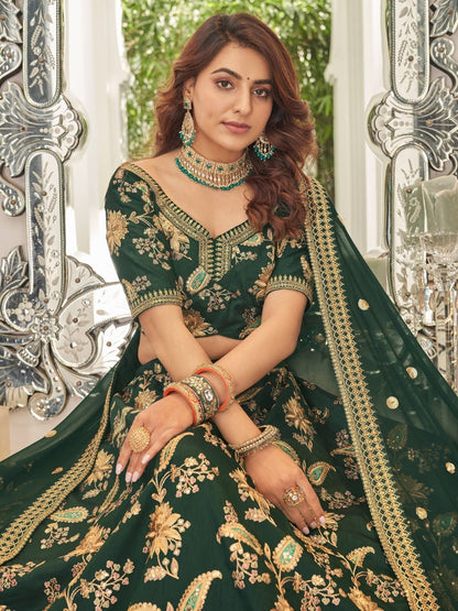 Odette Green And Gold Art Silk Embroidered Semi Stitched Lehenga With Blouse For Women