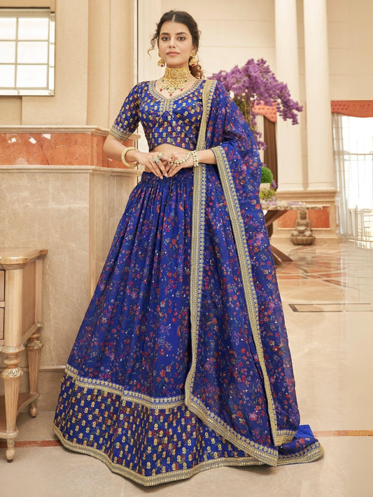 Odette Blue Art Silk Embroidered Semi Stitched Lehenga With Blouse For Women