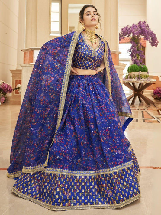 Odette Blue Art Silk Embroidered Semi Stitched Lehenga With Blouse For Women