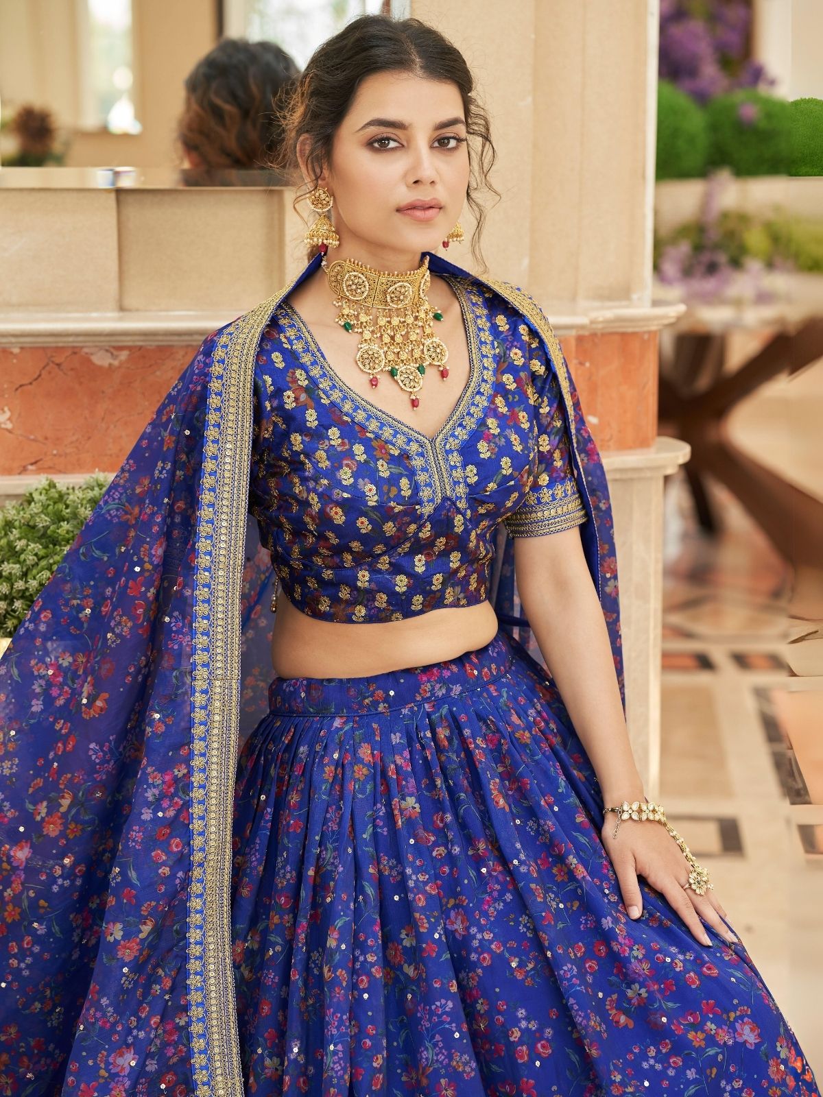 Odette Blue Art Silk Embroidered Semi Stitched Lehenga With Blouse For Women