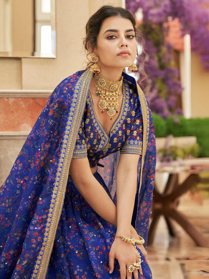 Odette Blue Art Silk Embroidered Semi Stitched Lehenga With Blouse For Women