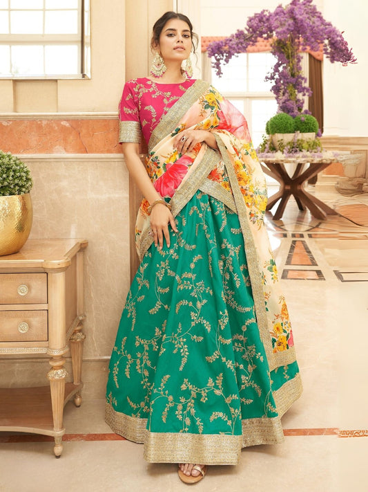 Odette Green Art Silk Embroidered Semi Stitched Lehenga With Blouse For Women