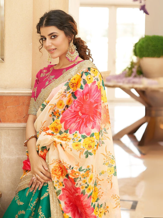 Odette Green Art Silk Embroidered Semi Stitched Lehenga With Blouse For Women