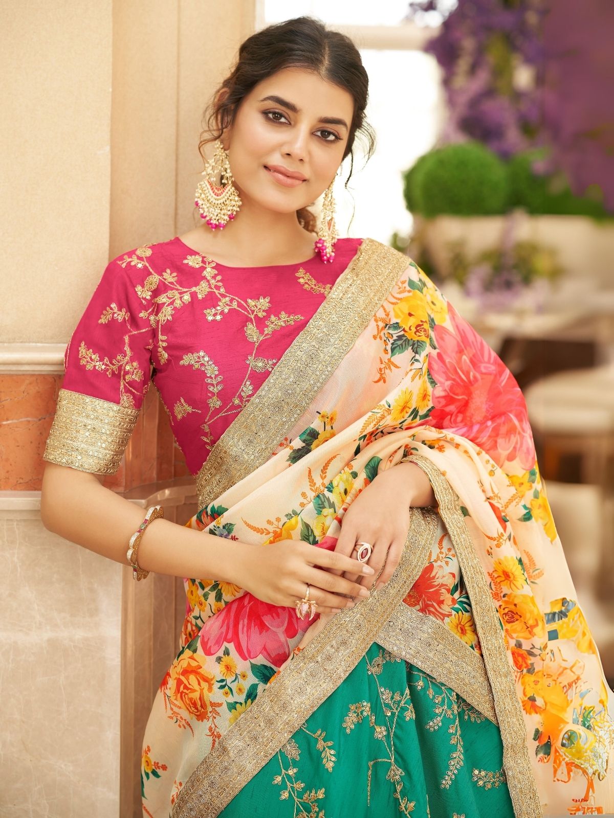 Odette Green Art Silk Embroidered Semi Stitched Lehenga With Blouse For Women