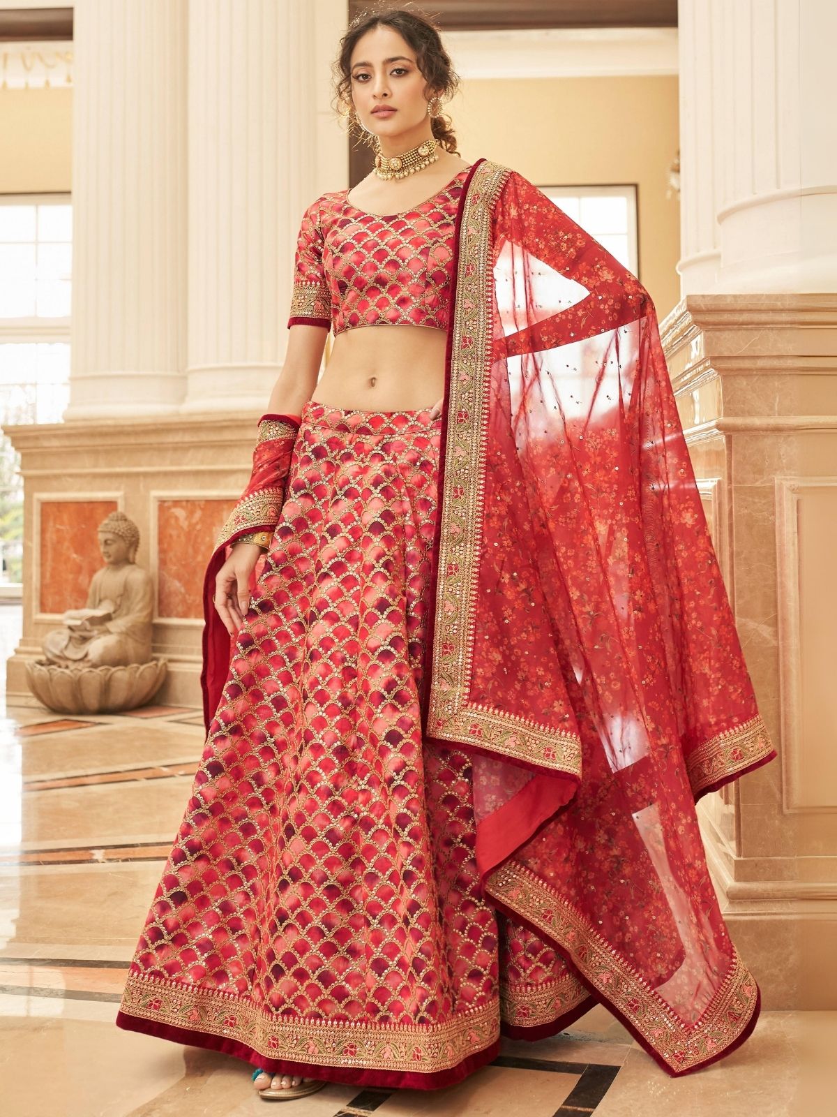 Odette Red Art Silk Embroidered Semi Stitched Lehenga With Blouse For Women