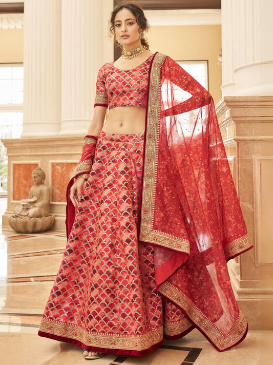 Odette Red Art Silk Embroidered Semi Stitched Lehenga With Blouse For Women