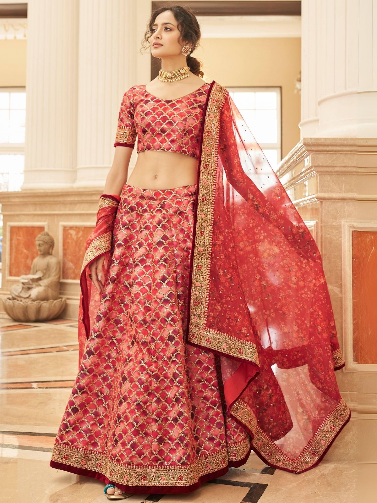 Odette Red Art Silk Embroidered Semi Stitched Lehenga With Blouse For Women