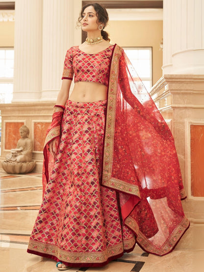 Odette Red Art Silk Embroidered Semi Stitched Lehenga With Blouse For Women