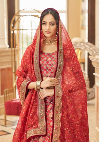 Odette Red Art Silk Embroidered Semi Stitched Lehenga With Blouse For Women