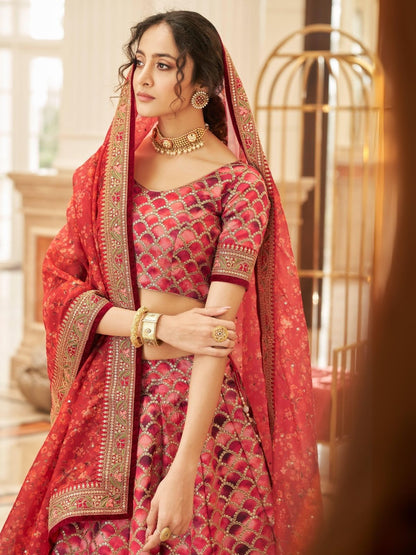 Odette Red Art Silk Embroidered Semi Stitched Lehenga With Blouse For Women