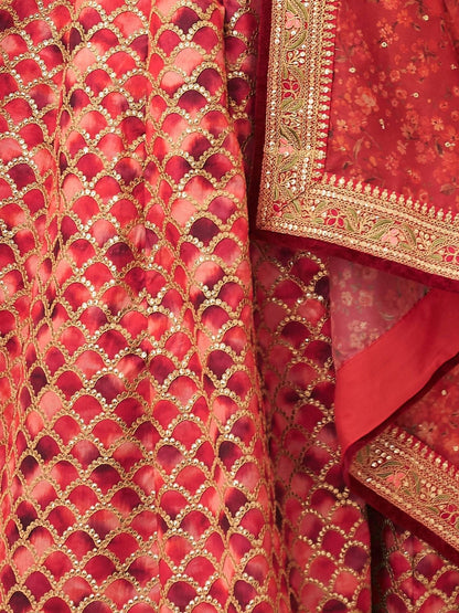 Odette Red Art Silk Embroidered Semi Stitched Lehenga With Blouse For Women