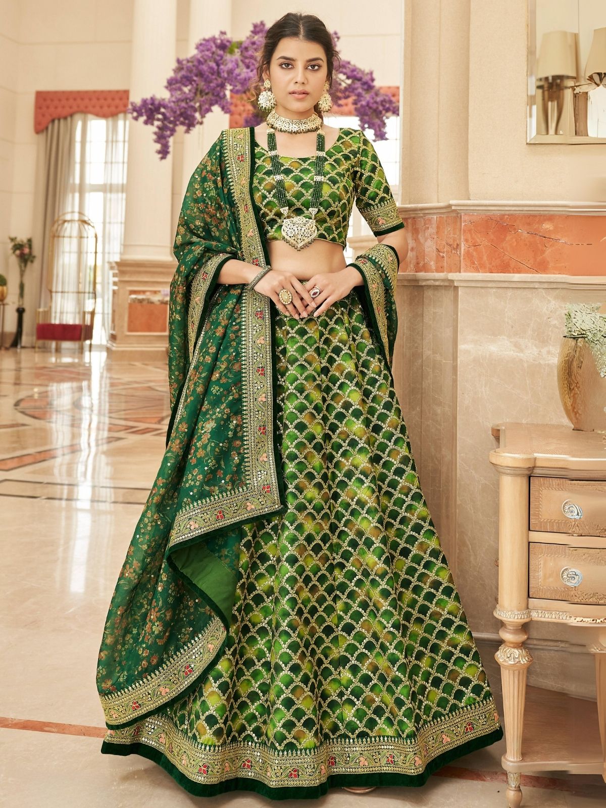Odette Green Art Silk Embroidered Semi Stitched Lehenga With Blouse For Women