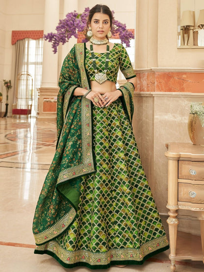Odette Green Art Silk Embroidered Semi Stitched Lehenga With Blouse For Women