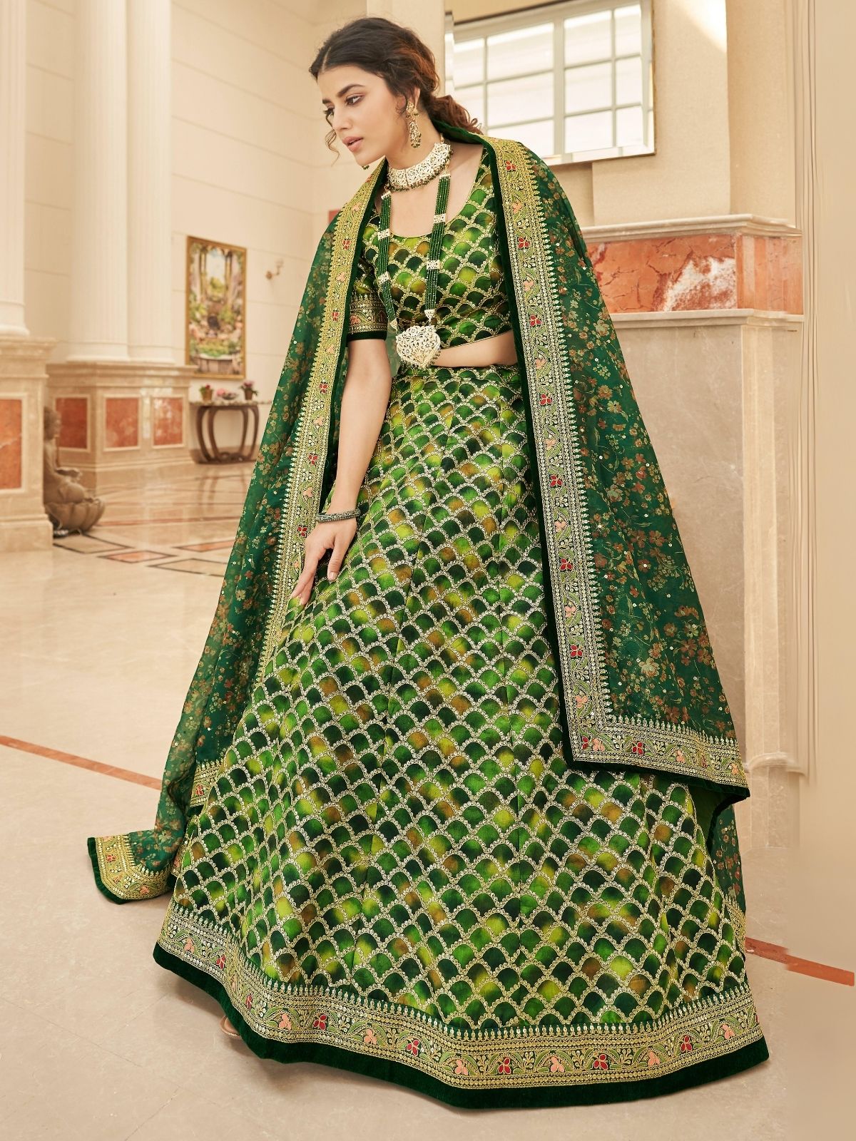 Odette Green Art Silk Embroidered Semi Stitched Lehenga With Blouse For Women