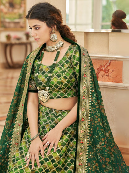 Odette Green Art Silk Embroidered Semi Stitched Lehenga With Blouse For Women