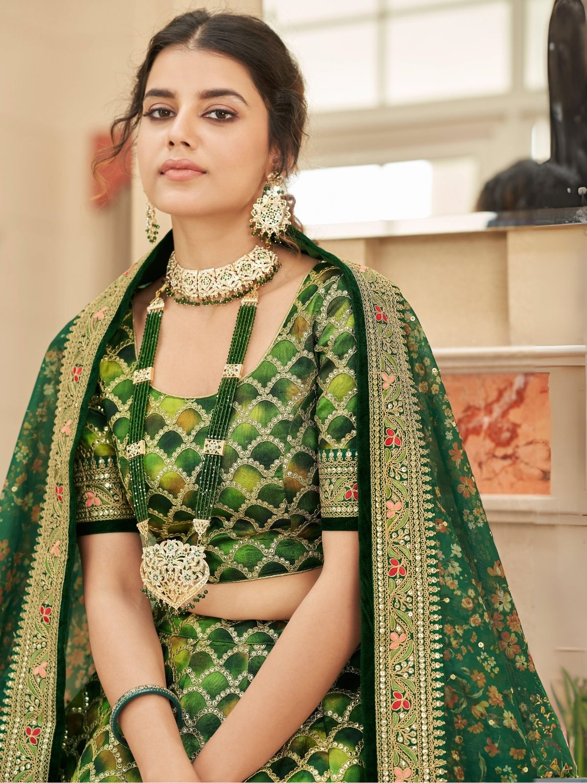 Odette Green Art Silk Embroidered Semi Stitched Lehenga With Blouse For Women