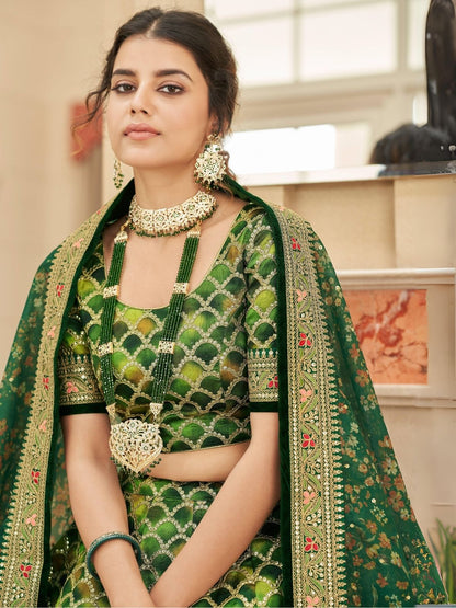 Odette Green Art Silk Embroidered Semi Stitched Lehenga With Blouse For Women