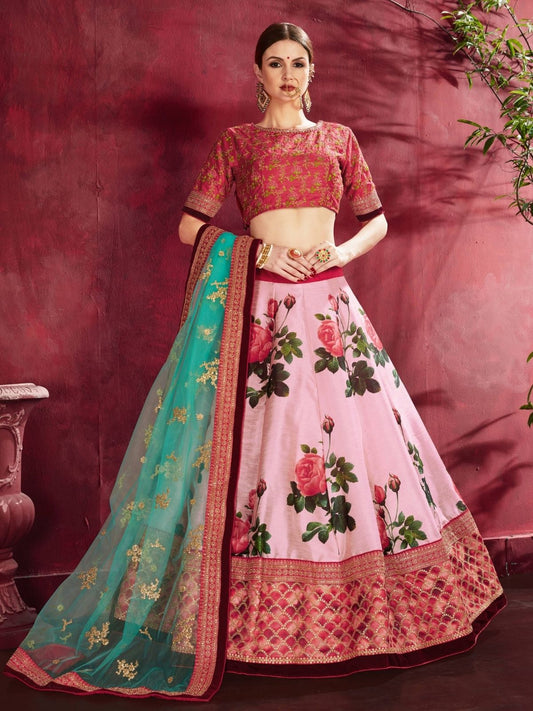 Odette Pink Silk Blend Printed Semi Stitched Lehenga With Blouse For Women