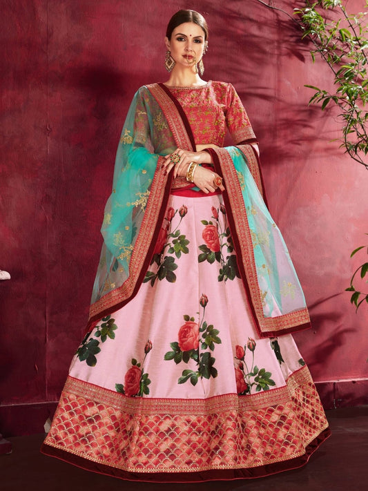 Odette Pink Silk Blend Printed Semi Stitched Lehenga With Blouse For Women