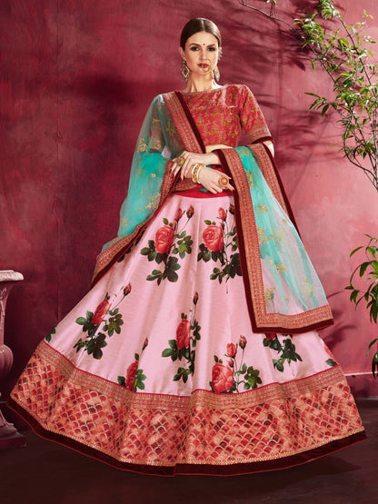Odette Pink Silk Blend Printed Semi Stitched Lehenga With Blouse For Women
