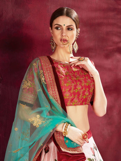 Odette Pink Silk Blend Printed Semi Stitched Lehenga With Blouse For Women