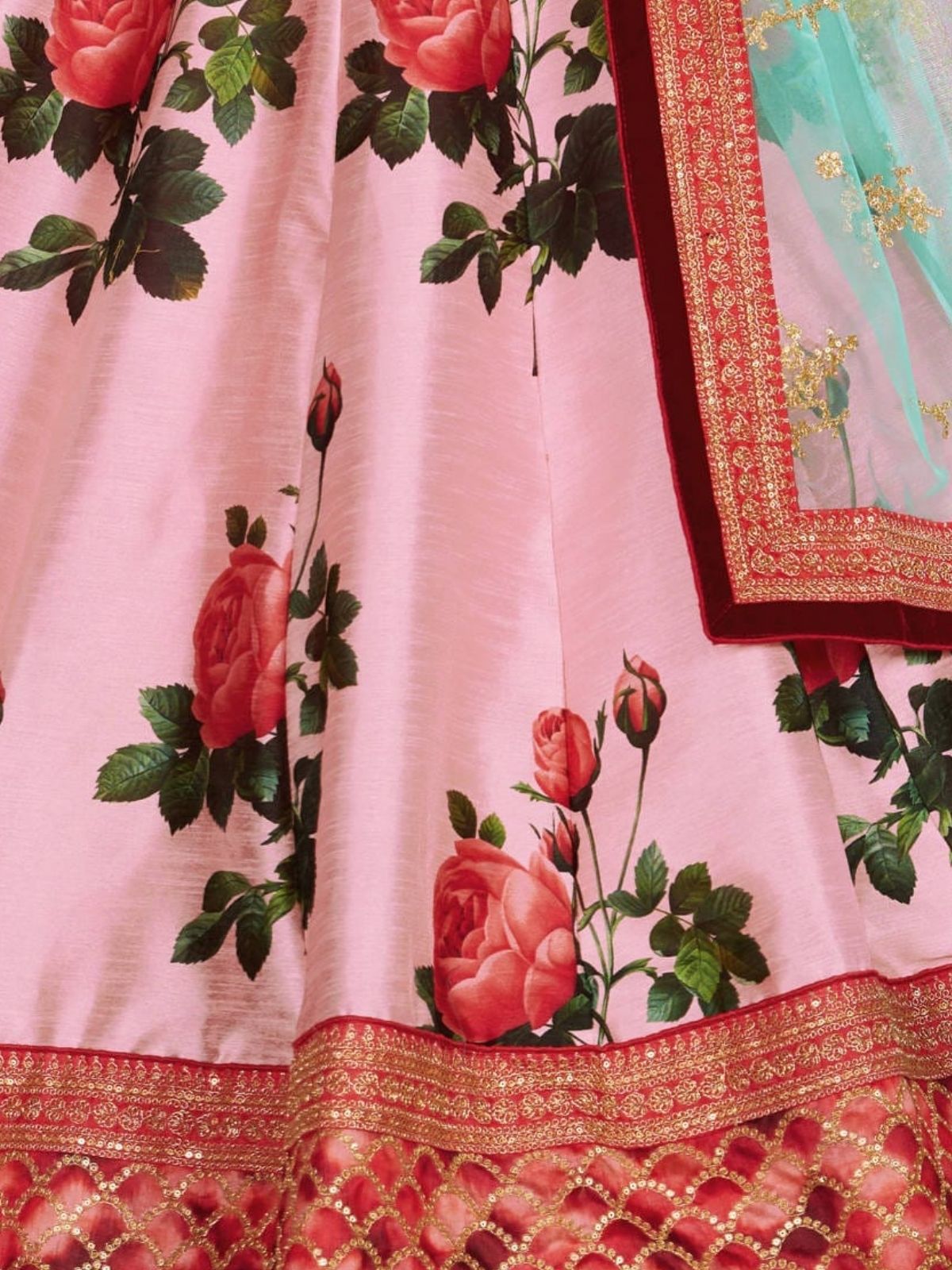 Odette Pink Silk Blend Printed Semi Stitched Lehenga With Blouse For Women