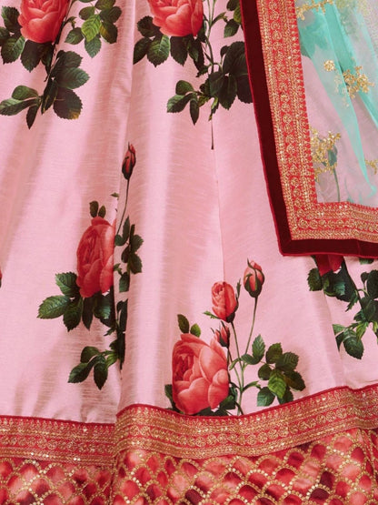 Odette Pink Silk Blend Printed Semi Stitched Lehenga With Blouse For Women