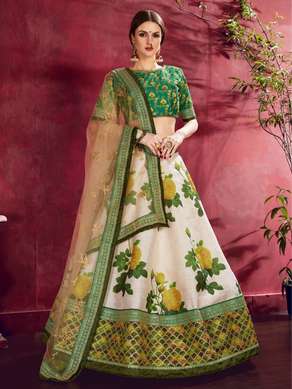 Odette Green Silk Blend Printed Semi Stitched Lehenga With Blouse For Women