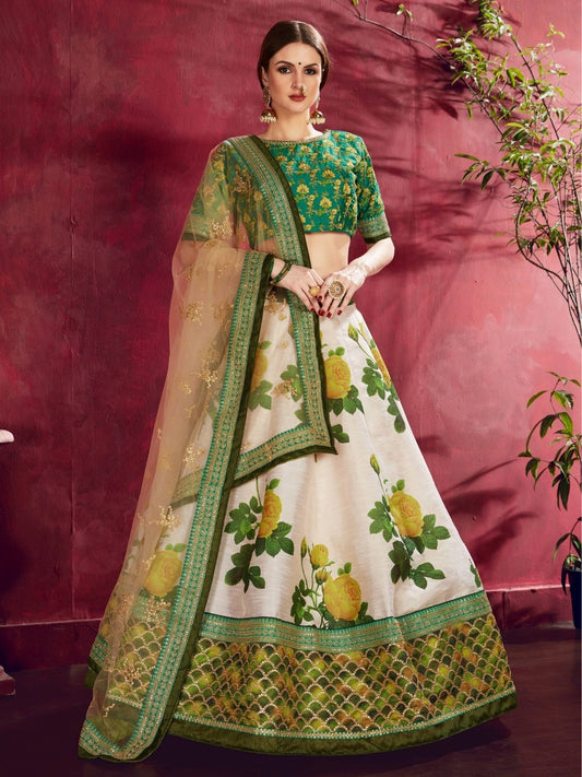 Odette Green Silk Blend Printed Semi Stitched Lehenga With Blouse For Women
