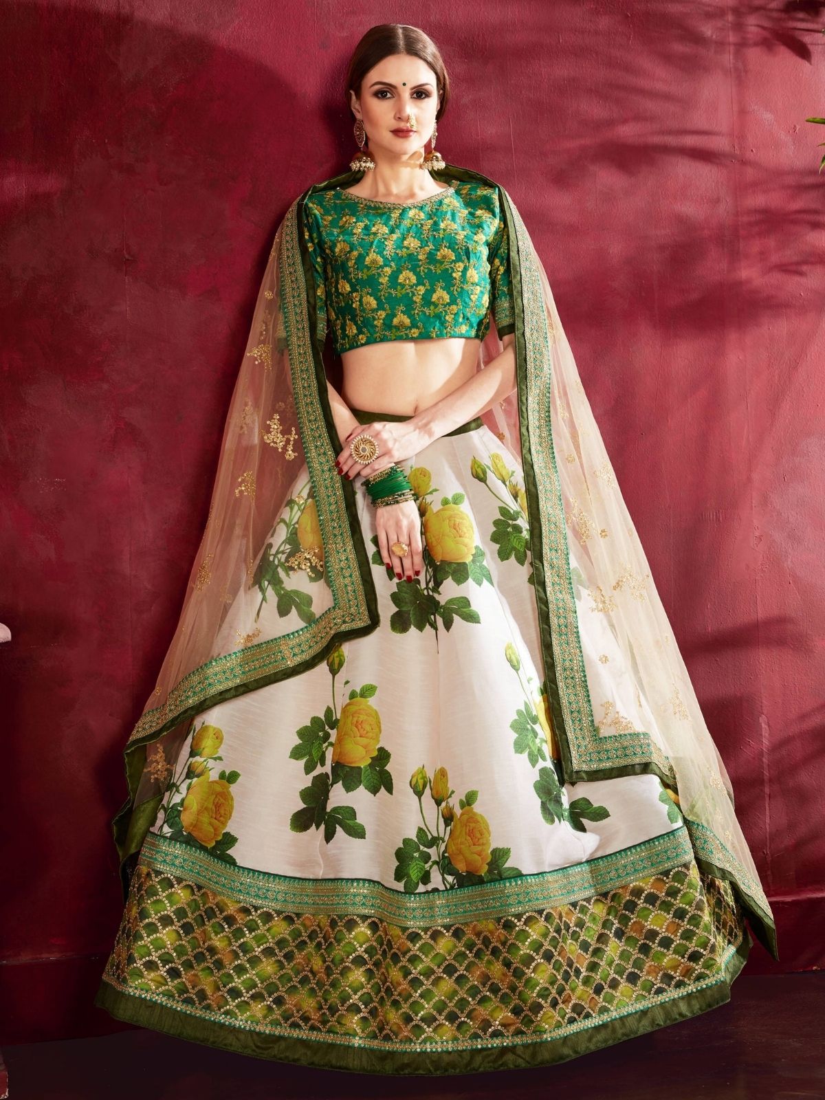 Odette Green Silk Blend Printed Semi Stitched Lehenga With Blouse For Women