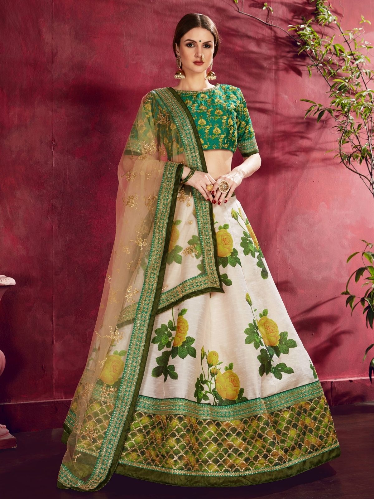 Odette Green Silk Blend Printed Semi Stitched Lehenga With Blouse For Women