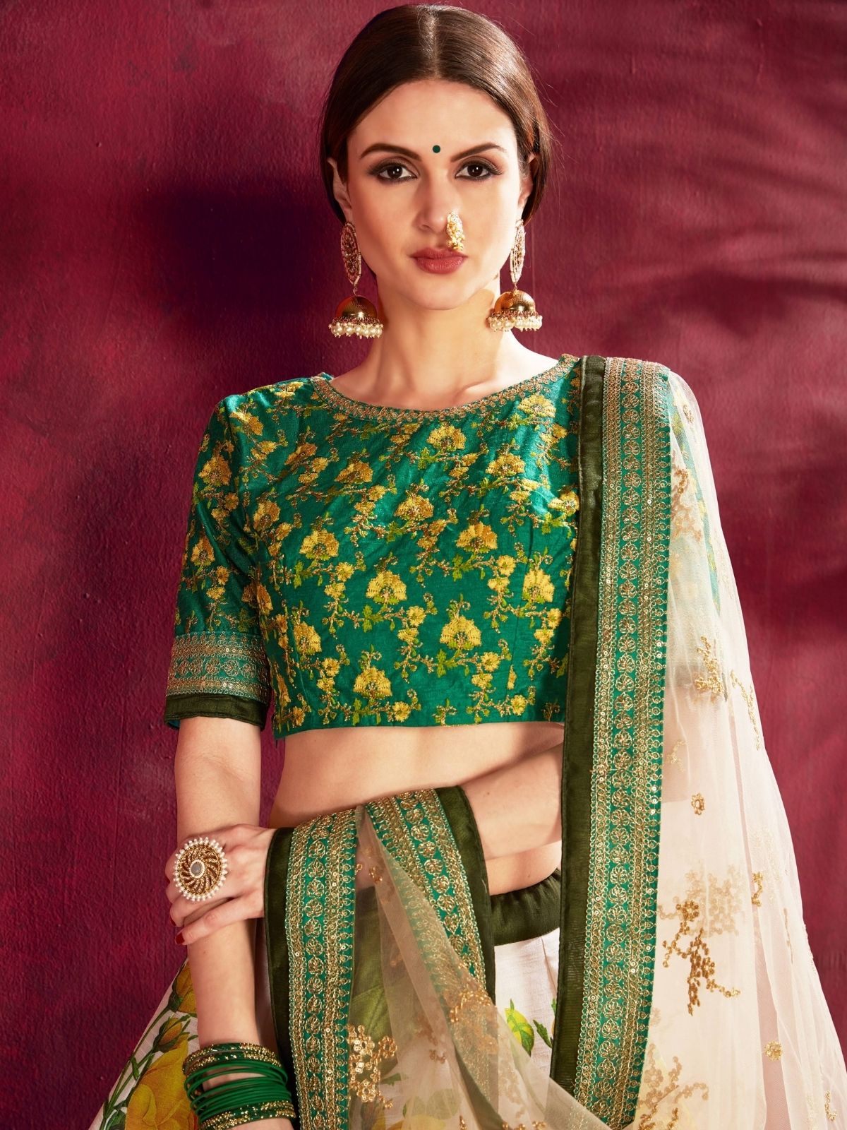 Odette Green Silk Blend Printed Semi Stitched Lehenga With Blouse For Women