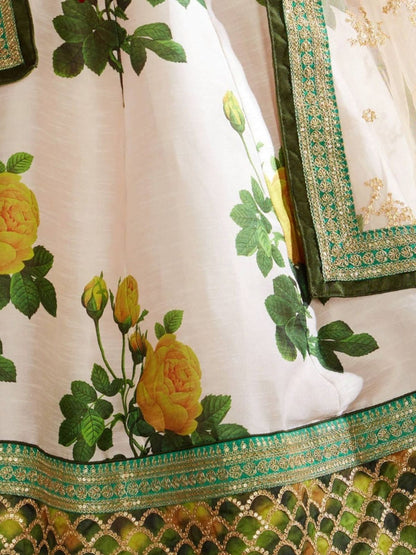 Odette Green Silk Blend Printed Semi Stitched Lehenga With Blouse For Women