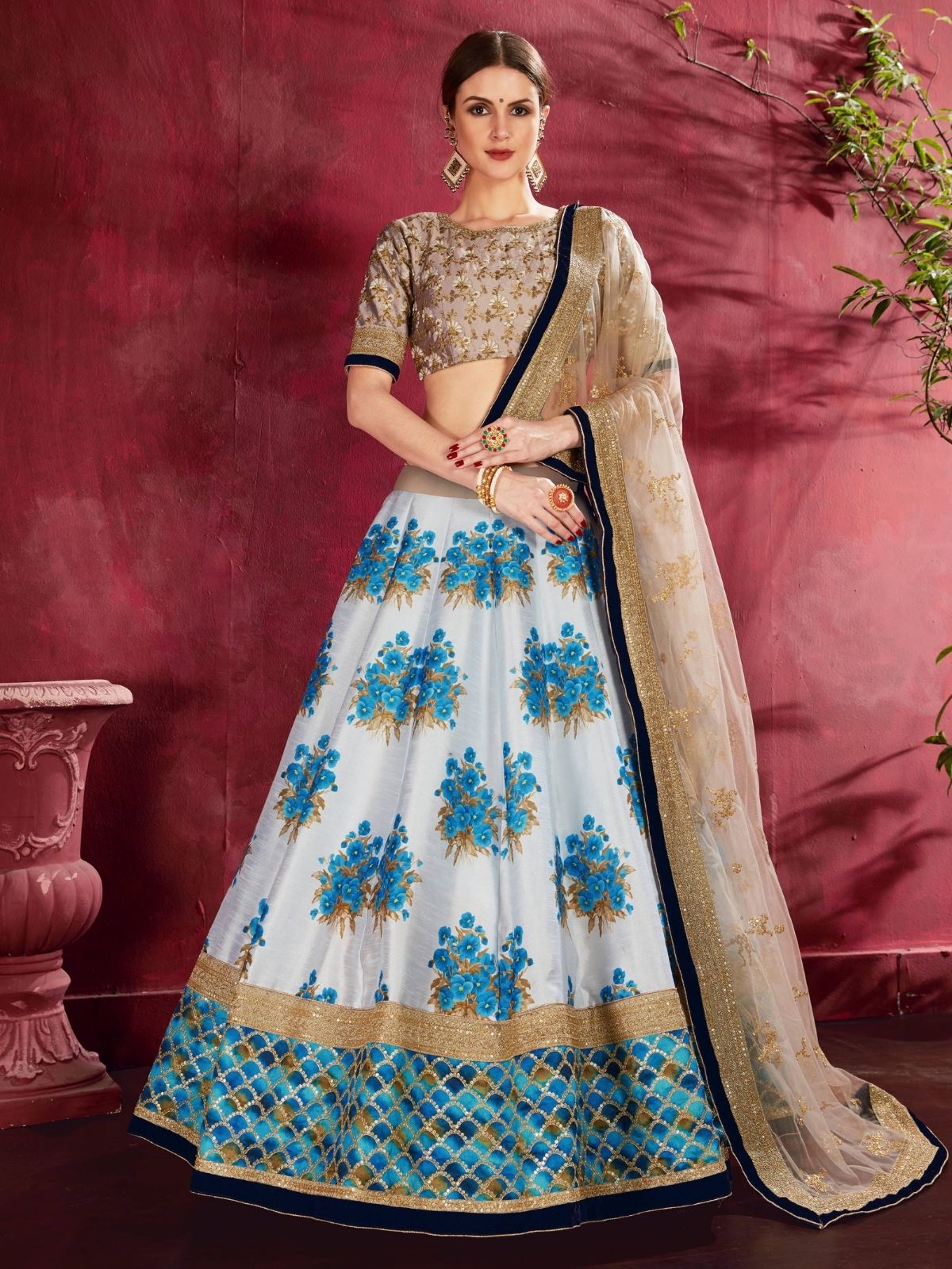 Odette Blue Silk Blend Printed Semi Stitched Lehenga With Blouse For Women