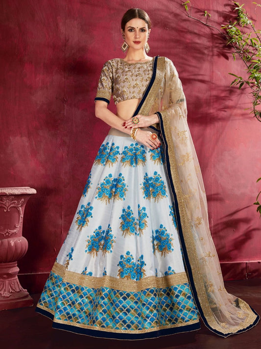 Odette Blue Silk Blend Printed Semi Stitched Lehenga With Blouse For Women