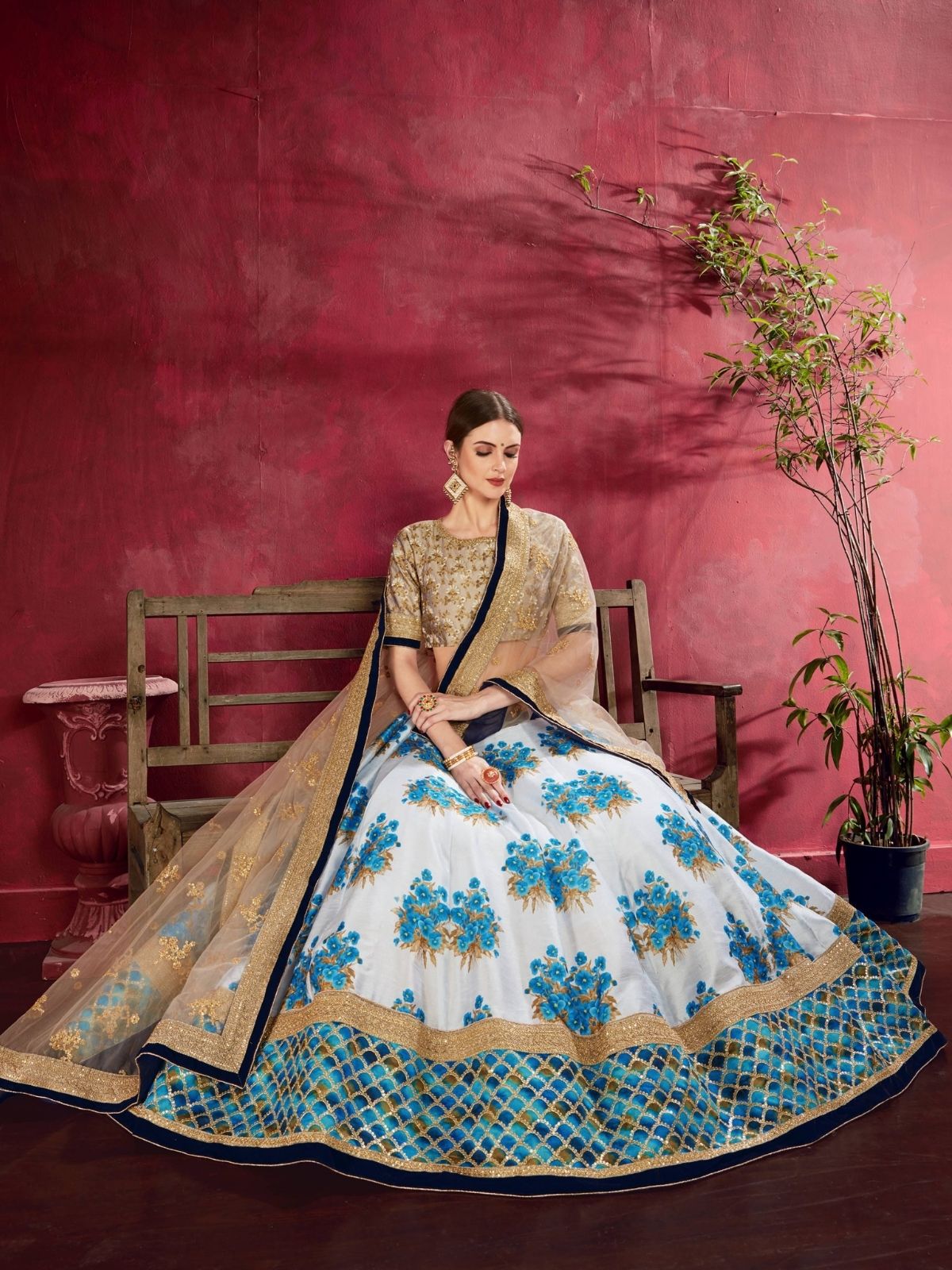 Odette Blue Silk Blend Printed Semi Stitched Lehenga With Blouse For Women