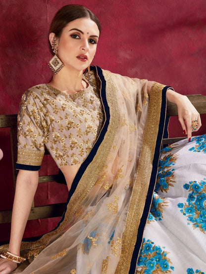 Odette Blue Silk Blend Printed Semi Stitched Lehenga With Blouse For Women