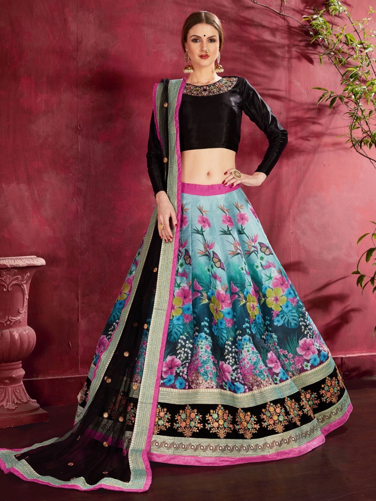 Odette Multicolor Silk Blend Printed Semi Stitched Lehenga With Blouse For Women