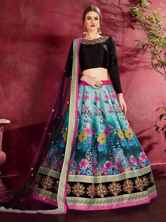Odette Multicolor Silk Blend Printed Semi Stitched Lehenga With Blouse For Women