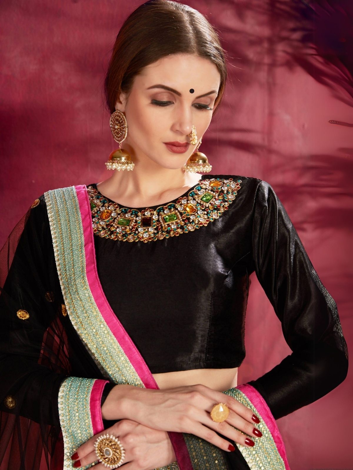 Odette Multicolor Silk Blend Printed Semi Stitched Lehenga With Blouse For Women