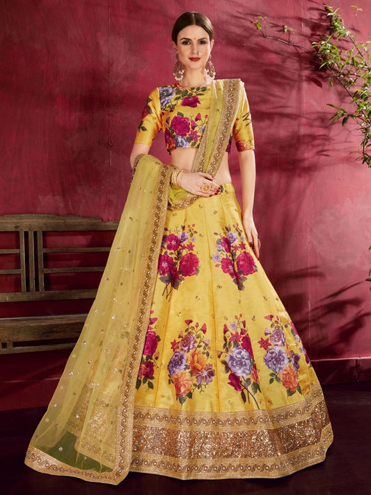 Odette Yellow Silk Blend Printed Semi Stitched Lehenga With Blouse For Women