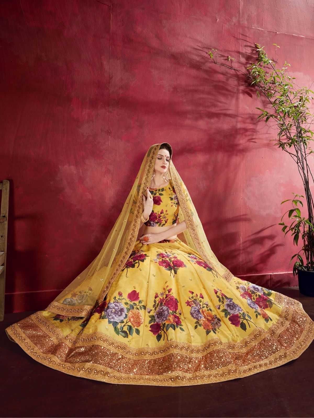 Odette Yellow Silk Blend Printed Semi Stitched Lehenga With Blouse For Women