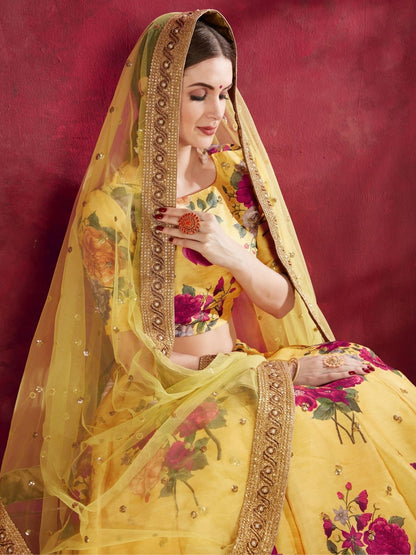 Odette Yellow Silk Blend Printed Semi Stitched Lehenga With Blouse For Women