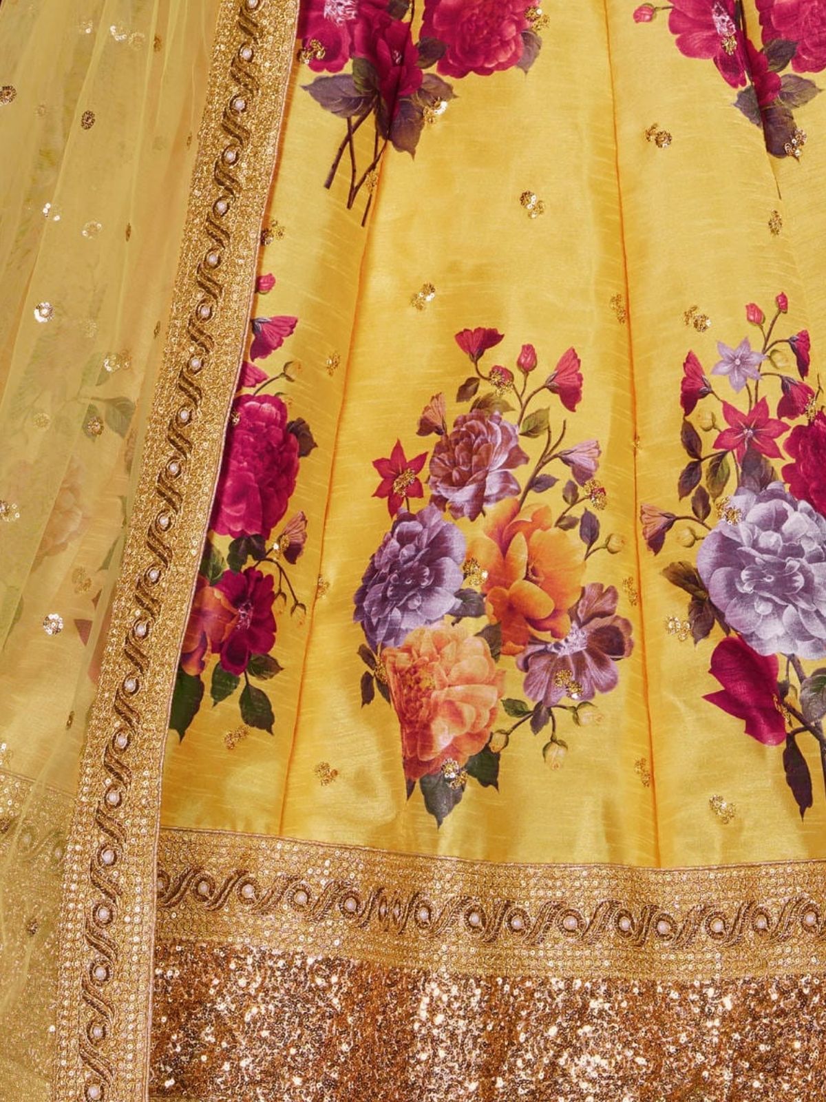 Odette Yellow Silk Blend Printed Semi Stitched Lehenga With Blouse For Women