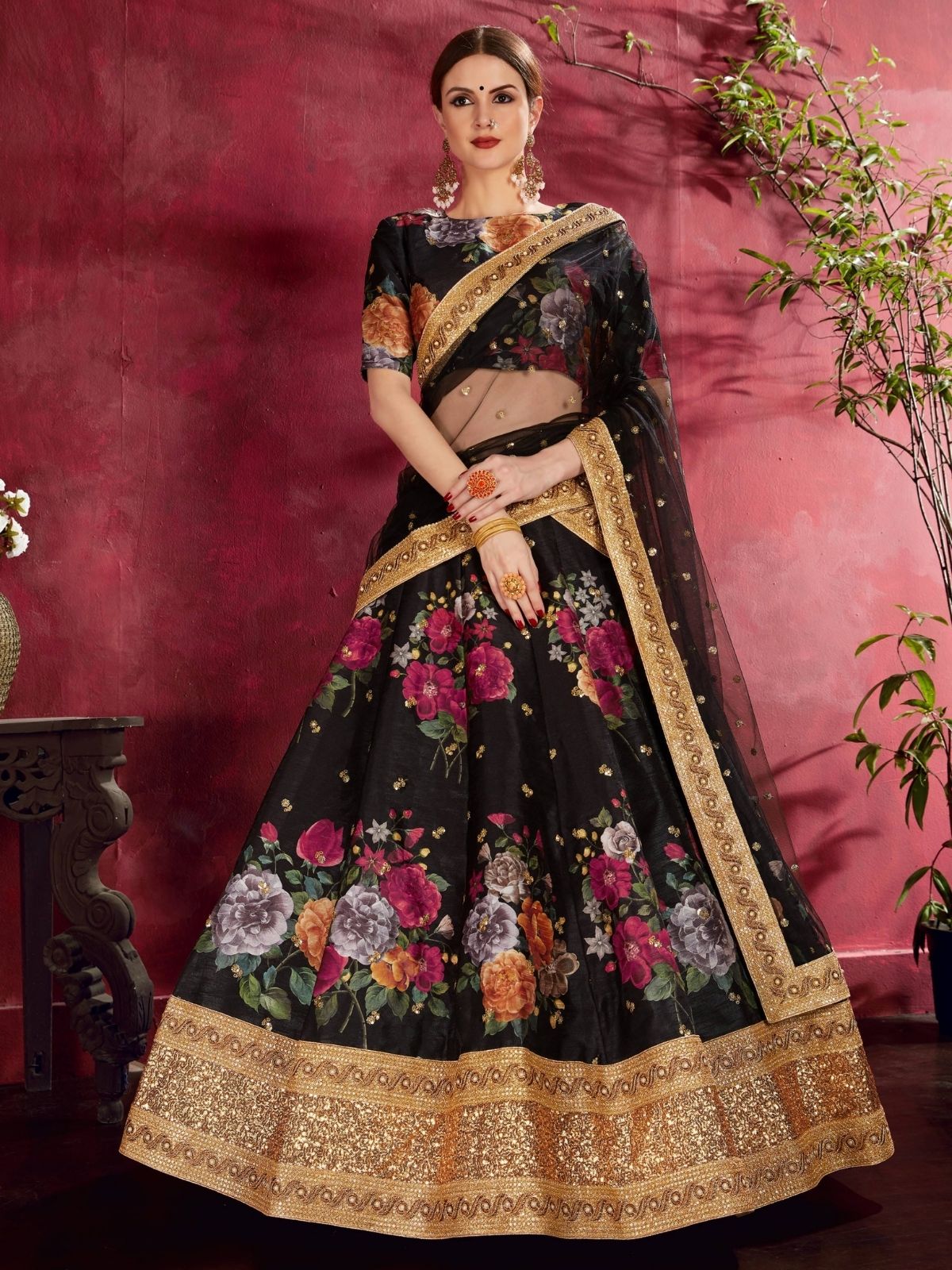 Odette Black Silk Blend Printed Semi Stitched Lehenga With Blouse For Women