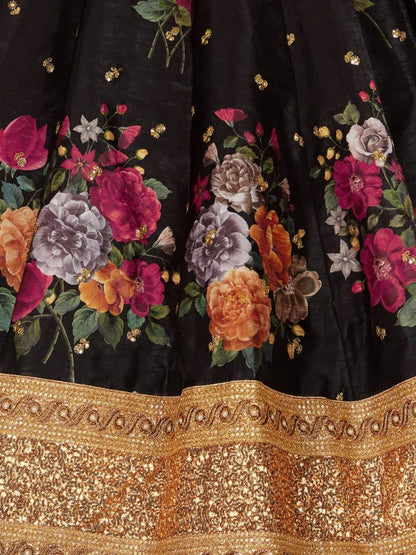 Odette Black Silk Blend Printed Semi Stitched Lehenga With Blouse For Women