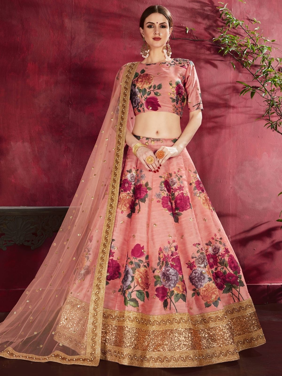 Odette Peach Silk Blend Printed Semi Stitched Lehenga With Blouse For Women