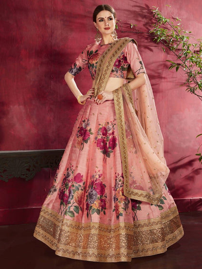 Odette Peach Silk Blend Printed Semi Stitched Lehenga With Blouse For Women