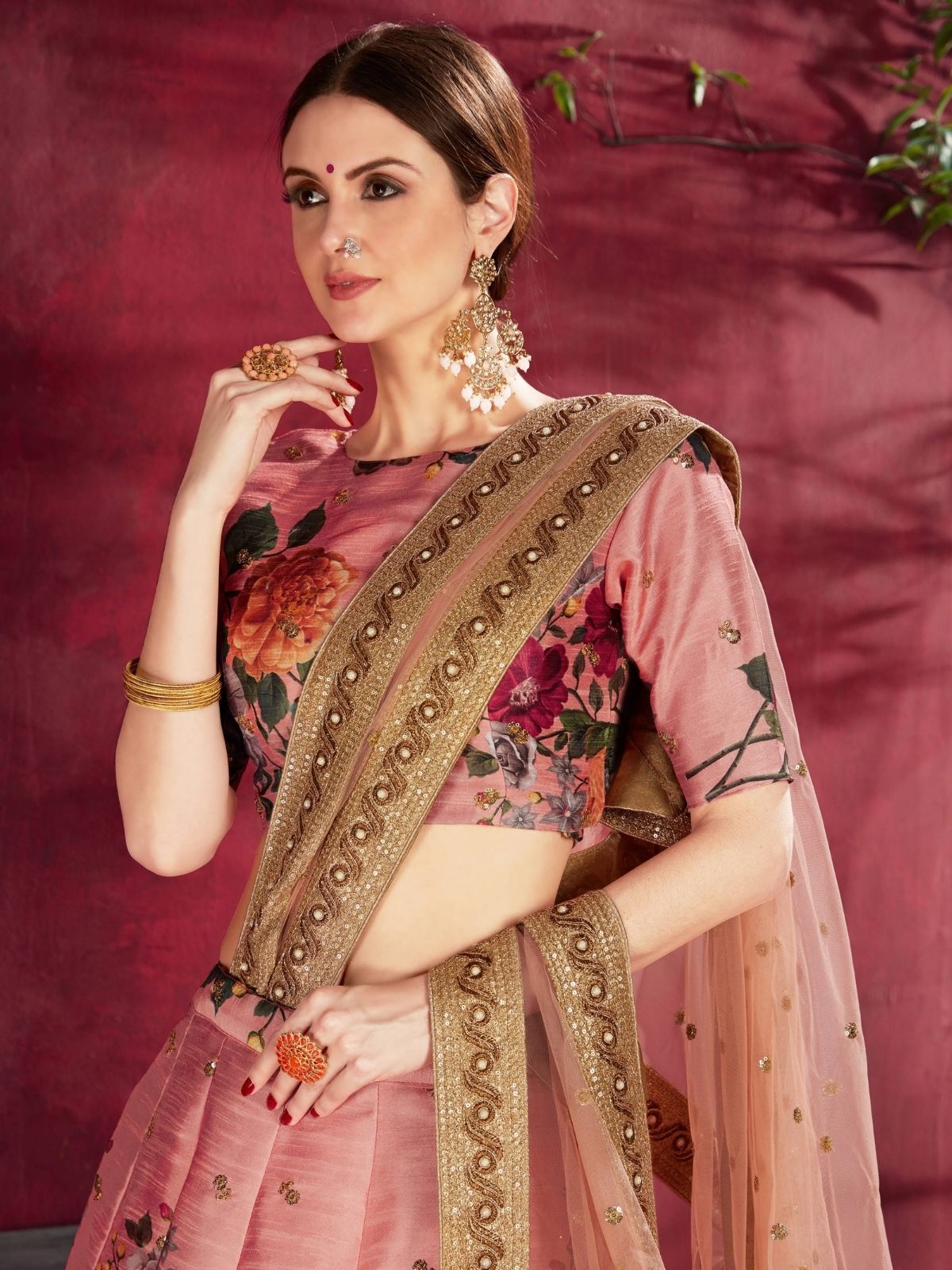 Odette Peach Silk Blend Printed Semi Stitched Lehenga With Blouse For Women